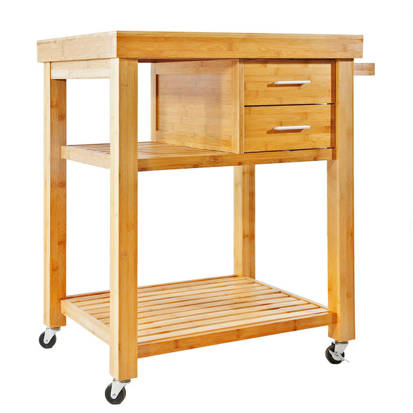 Rolling Bamboo Wood Kitchen Island Cart Trolley, w/ Towel Rack Drawer Shelves