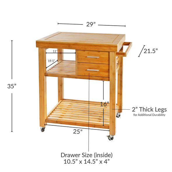 Rolling Bamboo Wood Kitchen Island Cart Trolley, w/ Towel Rack Drawer Shelves