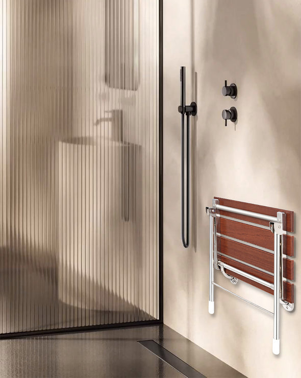 Home Aesthetics 21.5" Foldable Teak Wood Shower Seat Bench with Supporting Legs Wall Mounted (CL_HOM501109) - Alt Image 1