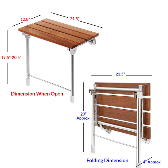 21.5" Foldable Teak Wood Shower Seat Bench with Supporting Legs Wall Mounted