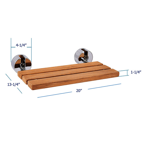 20" Teak Modern Folding Shower Seat Bench Clear Coated Medical Wall Mount