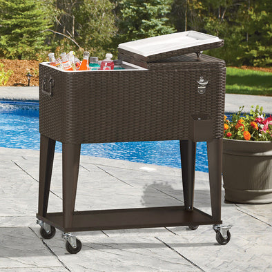 Home Aesthetics 80 Quart Outdoor Patio Rolling Cooler Ice Chest Cart, Brown Wicker Faux Rattan (CL_HOM502902) - Main Image
