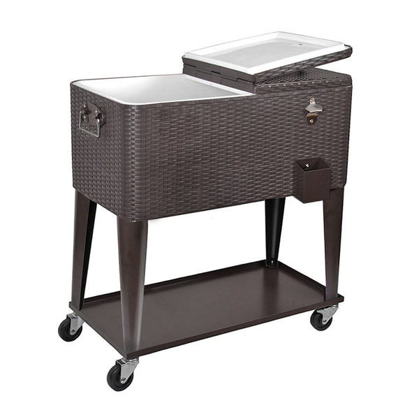 Home Aesthetics 80 Quart Outdoor Patio Rolling Cooler Ice Chest Cart, Brown Wicker Faux Rattan (CL_HOM502902) - Alt Image 1
