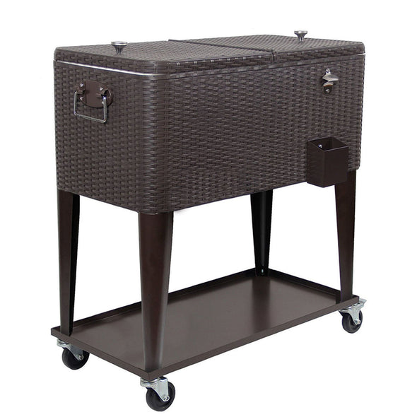 Outdoor Patio Rolling Cooler 80 Qt Deck Ice Beer Chest Cart Brown Wicker