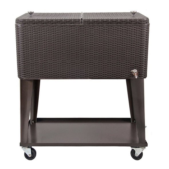 Outdoor Patio Rolling Cooler 80 Qt Deck Ice Beer Chest Cart Brown Wicker